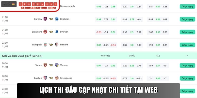 Lịch thi đấu cập nhật chi tiết
